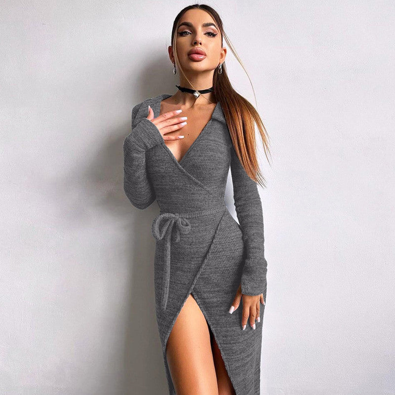 Bodycon Dress - Long Sleeve Tie Waist Split - Fashions Envy