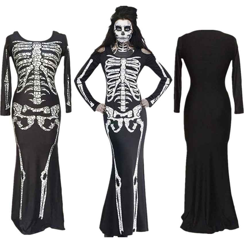 Black Skeleton Print Maxi Dress - Cold Shoulder Gown
