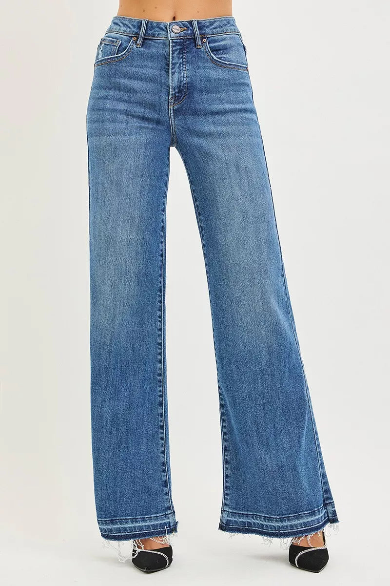 RISEN Wide Leg Jeans - Women's High Rise Released Hem - Fashions Envy