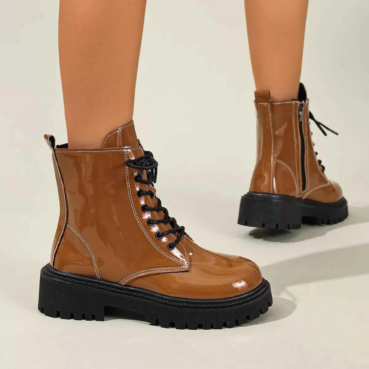 Patent Leather Lace-Up Combat Boots - Block Heel Lug Sole