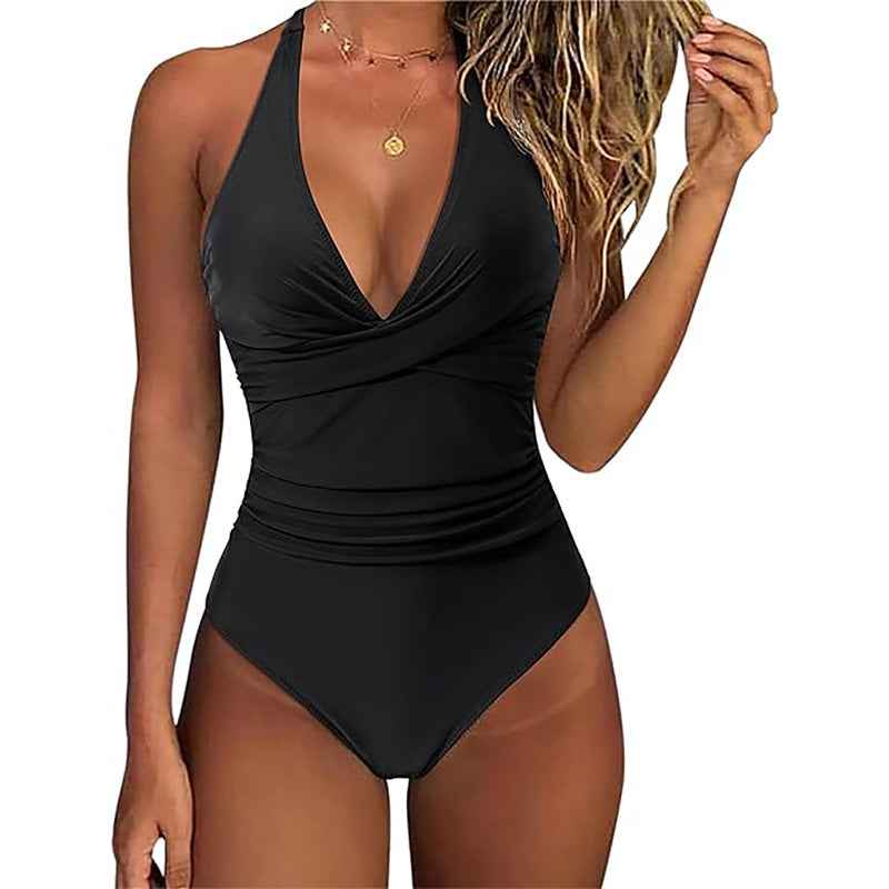 Halter One Piece Swimsuit - Twist Front Ruched Tummy Control Deep V