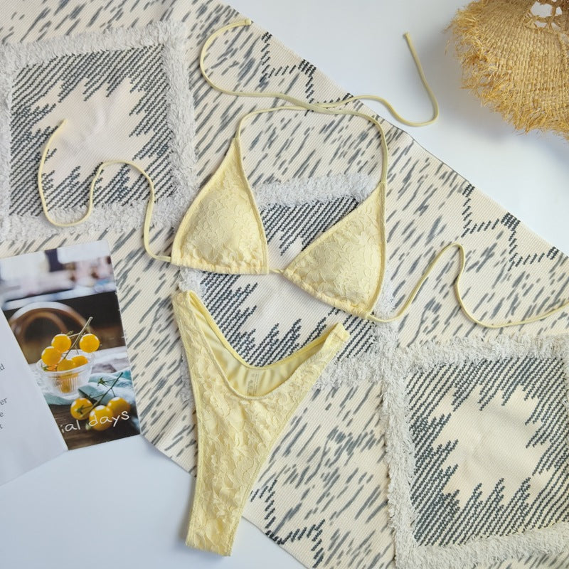 Lace Triangle Halter Bikini Set - Three Piece with Mini Skirt