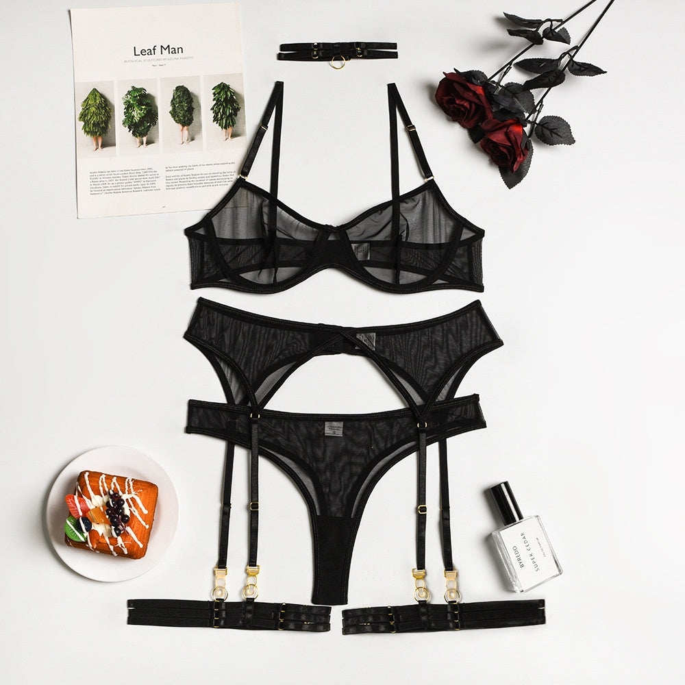 Mesh Garter Set - 4PC Intimate Set with Choker Collar
