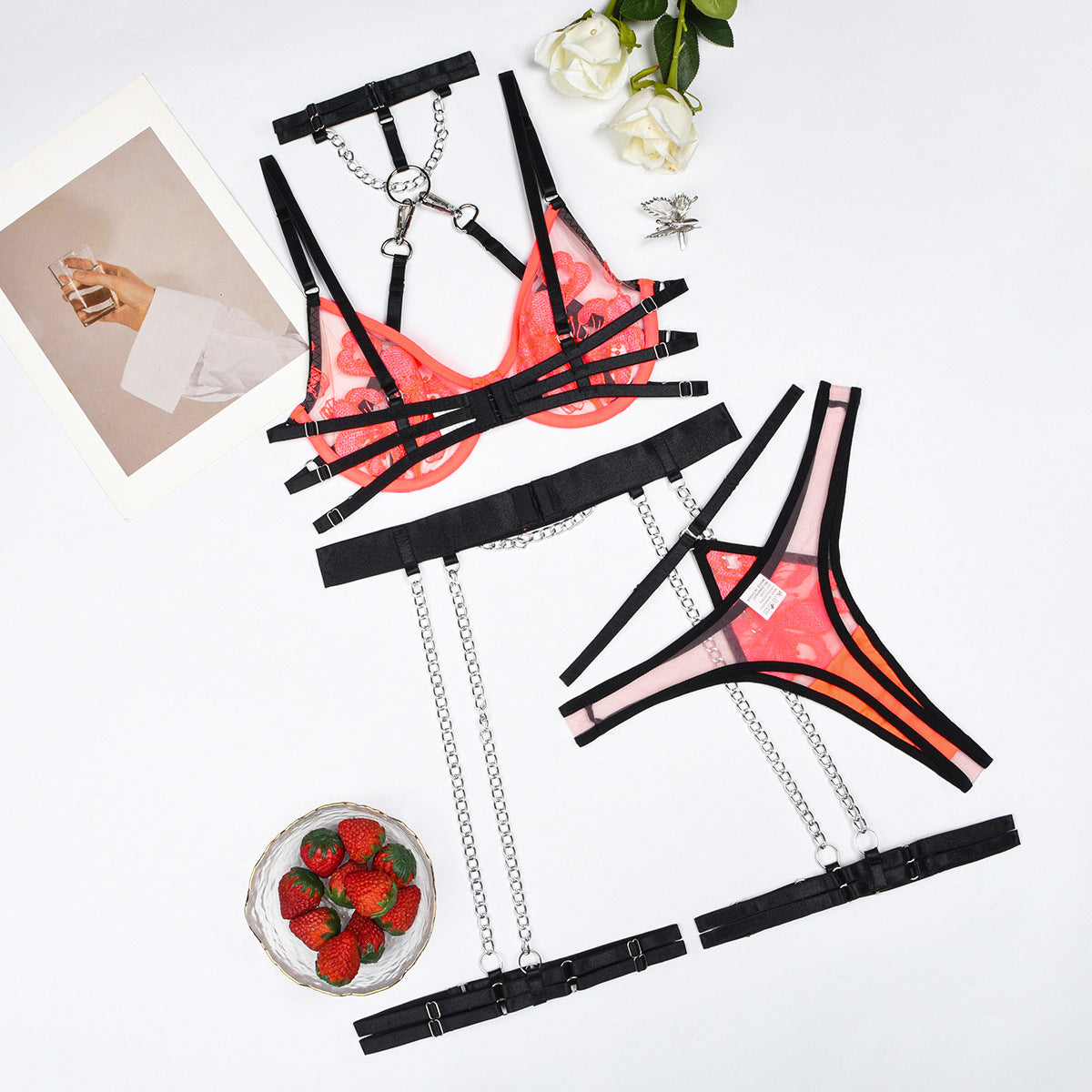 Embroidered Mesh Lingerie Set - 5PC Detachable Contrast Color