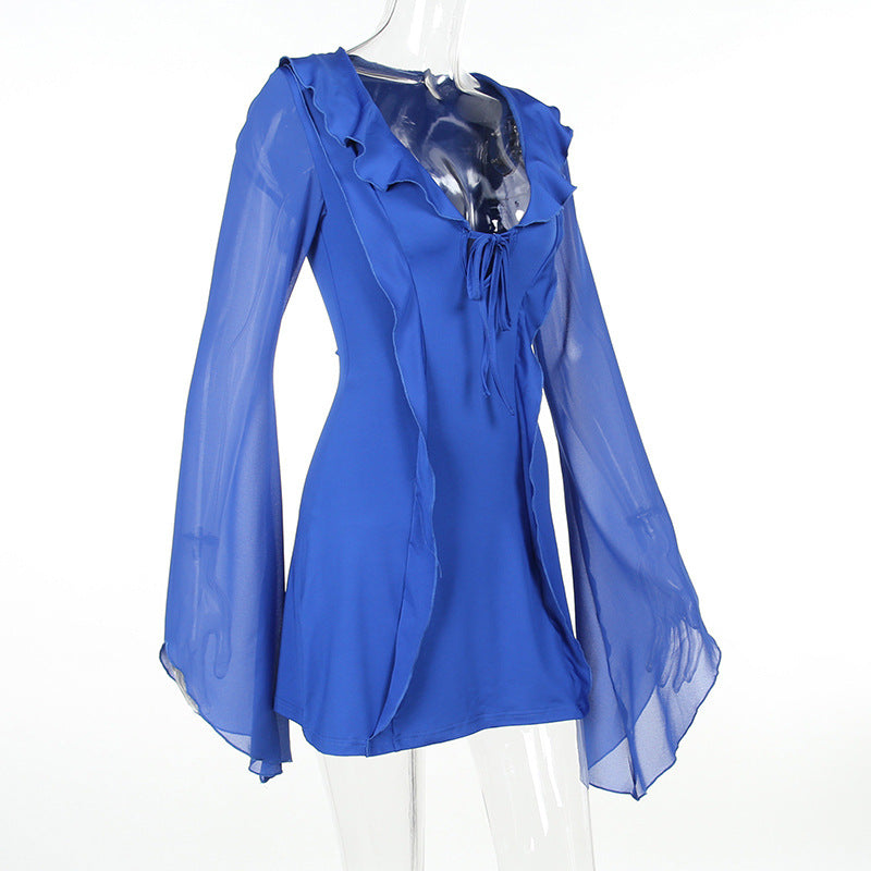 Ruffle Sleeve Mini Dress - Tie Front and Flared Cuffs