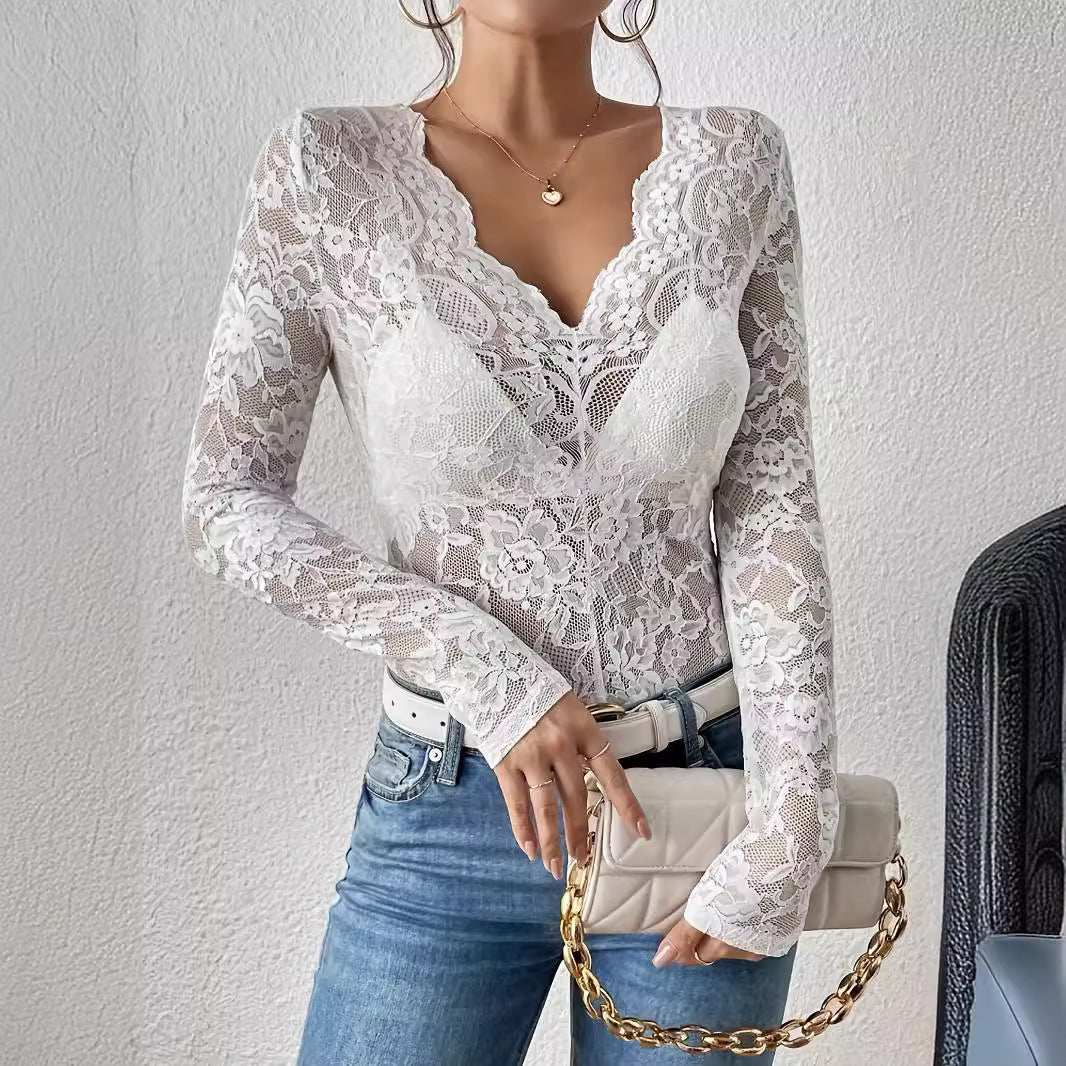 Intimate Lace Top - Sheer Floral Fan-Shaped Decoration