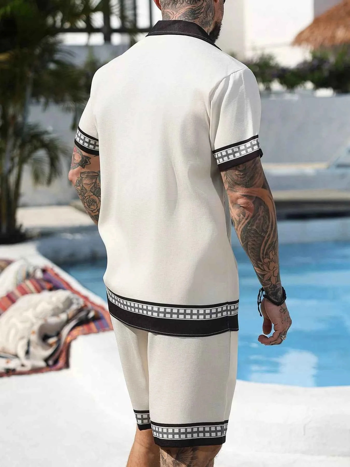 Men's Palm Tree Print Set - Button Shirt & Drawstring Shorts