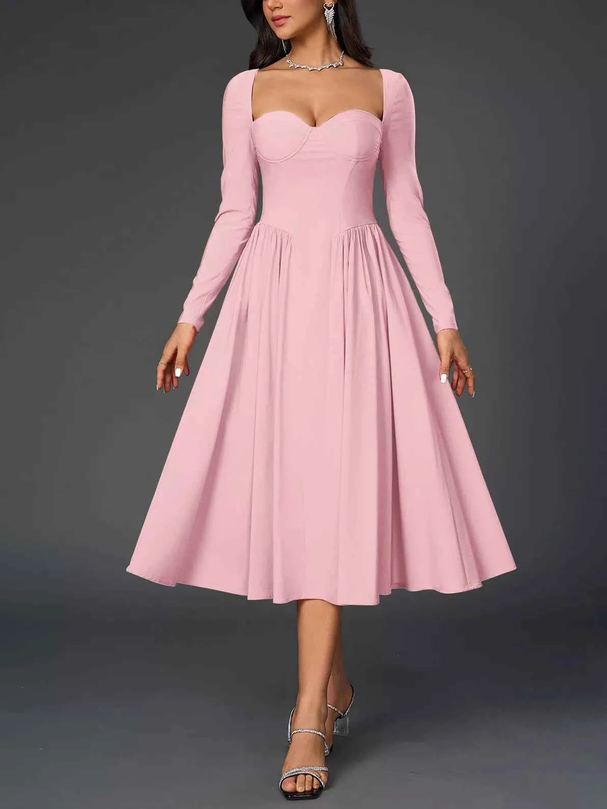 Sweetheart Neckline Long Sleeve A-Line Midi Dress