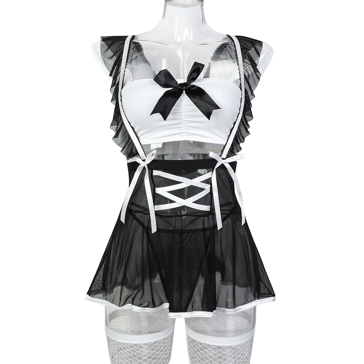 Black and white maid lingerie dress on mannequin with bow bust and layered ruffle shoulders
