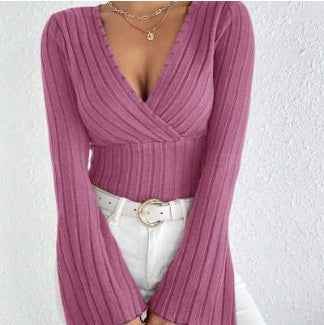 Ribbed V-Neck Top - Flared Sleeve Elegant Fit - Fashions Envy