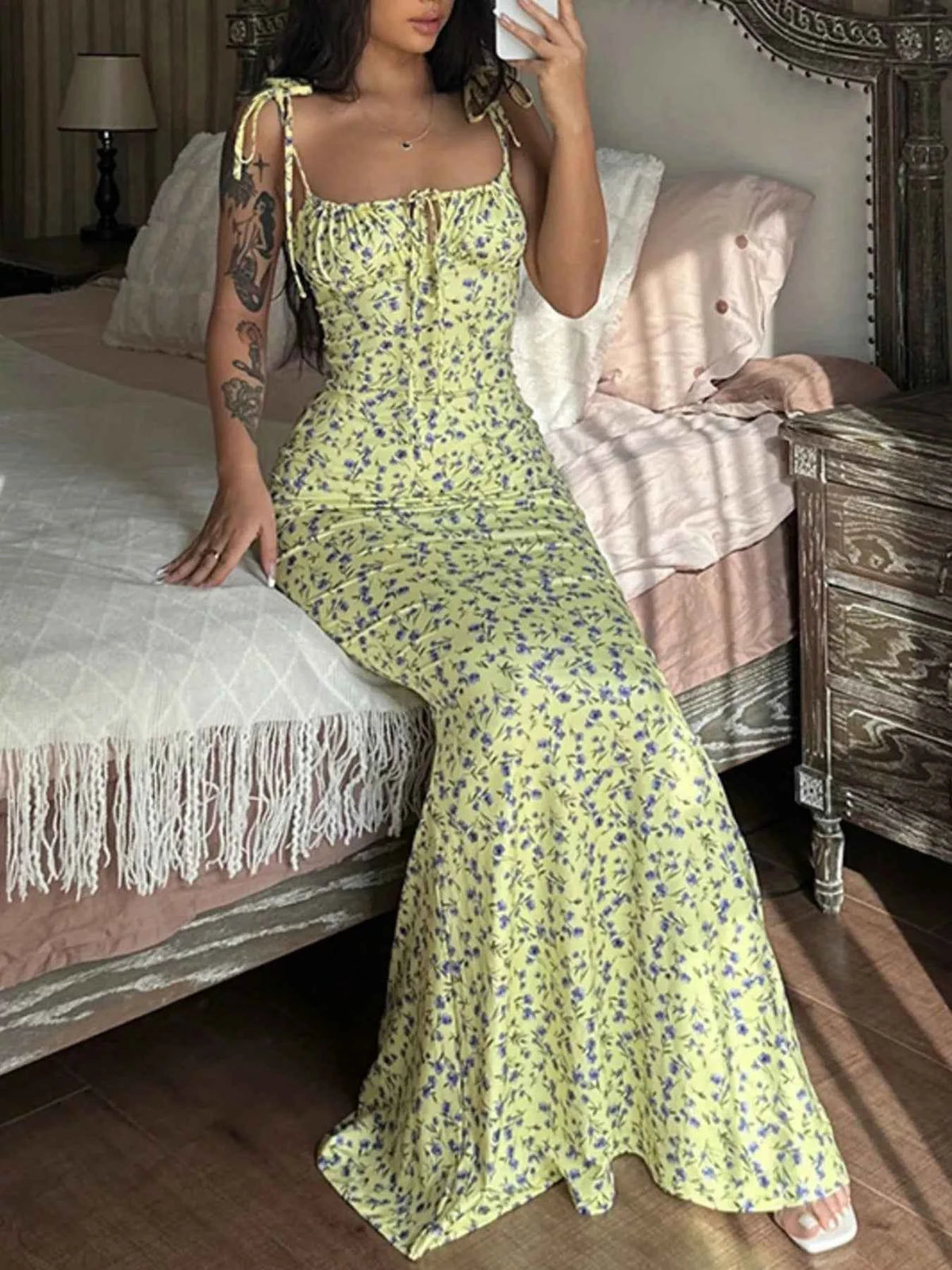 Ditsy Floral Tie-Strap Maxi Dress - Ruched Mermaid Bodycon
