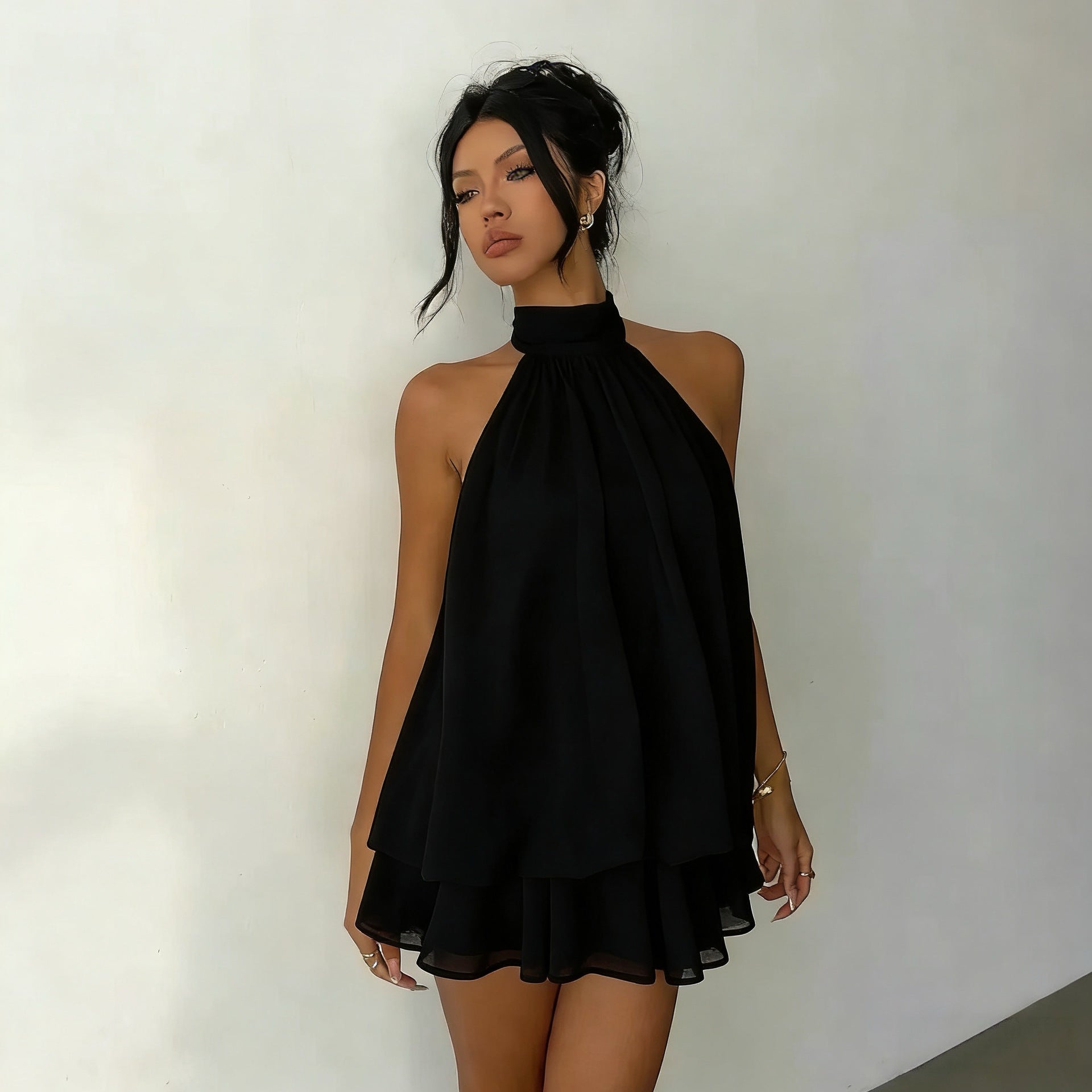 Backless Halter Neck Tiered Mini Dress - Chiffon Vacation Dress