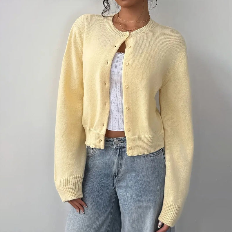 Women's Solid Color Button-Up Cardigan - Ribbed Detail Long Sleeve Knit Open Front Sweater Lightweight Spring&Fall Top - Fashions Envy