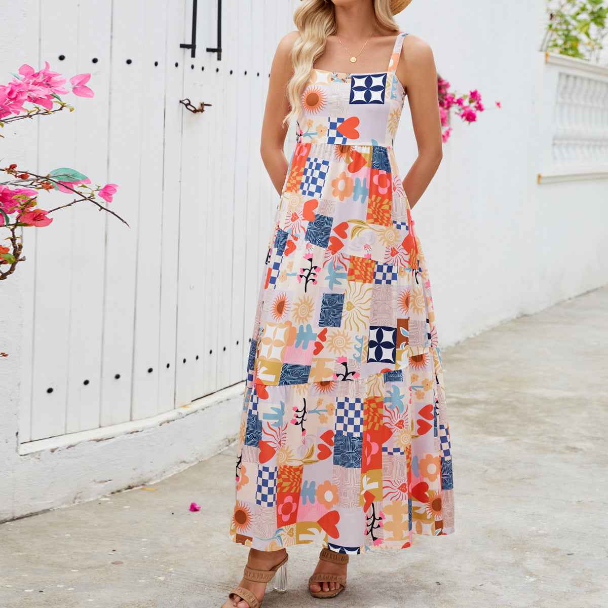 Floral Print Bohemian Maxi Dress - Square Neck Beach Vacation