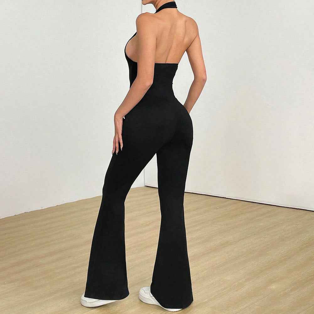 Black Halter Flare Jumpsuit - Deep V Open Back