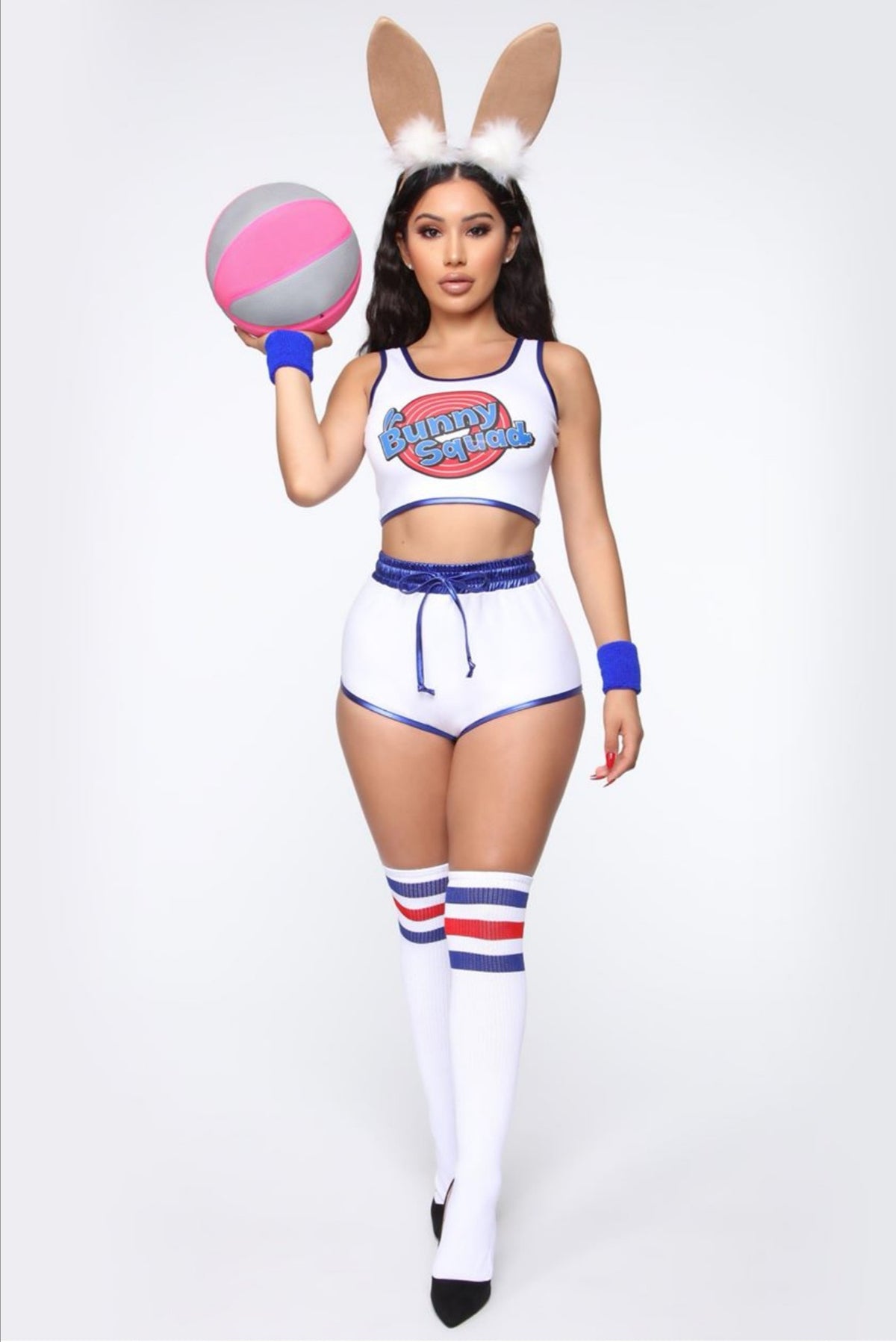 White cropped cheer tank and shorts set with blue trim and striped knee socks