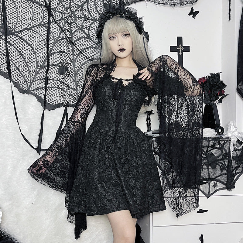 Black lace long-sleeve crop top with wide bell sleeves and layered ruffle trim