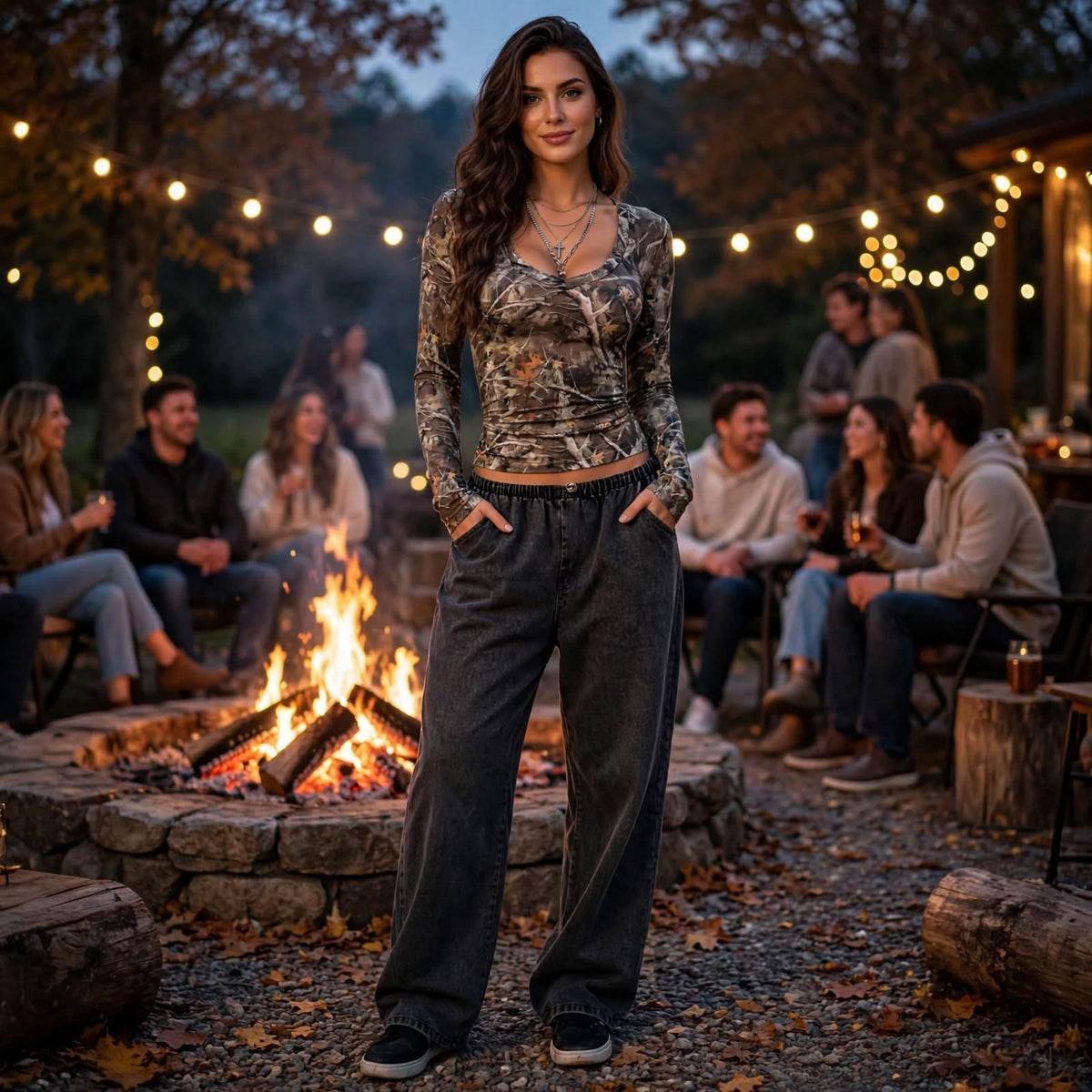 Camouflage Long Sleeve Top - Scoop Neck and Fitted Shape