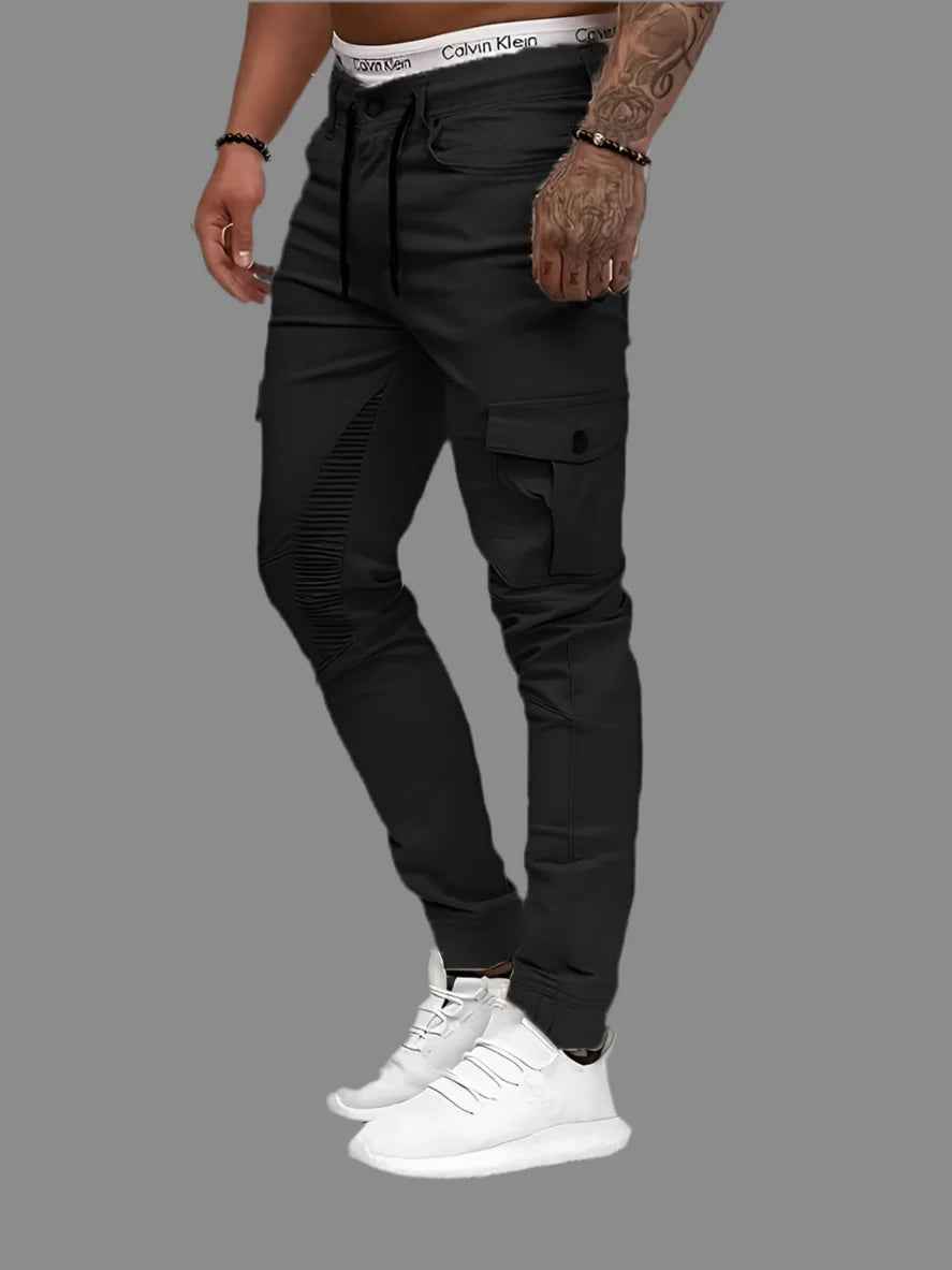 Black Cargo Pants Men - Ribbed Knee Moto Slim Tapered Fit