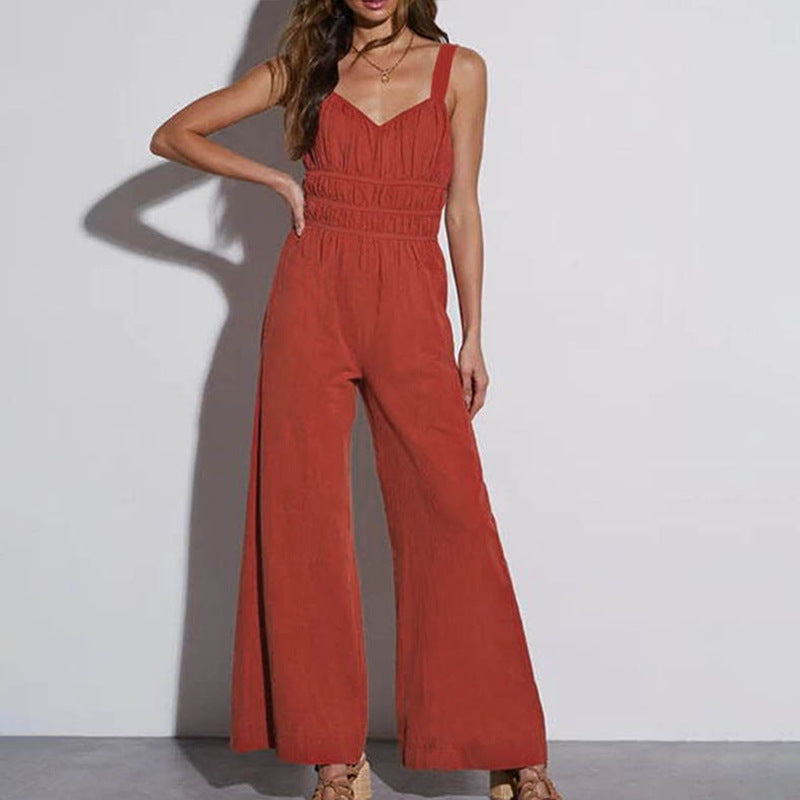 Redwood red sleeveless V-neck wide-leg jumpsuit with ruched bodice and smocked waist