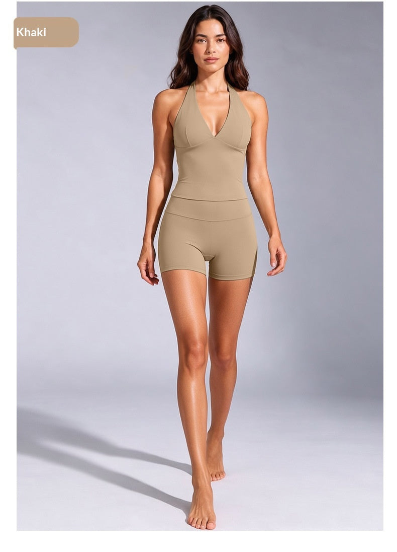 Halter V-Neck Yoga Top and Shorts - Choose Pieces or Set