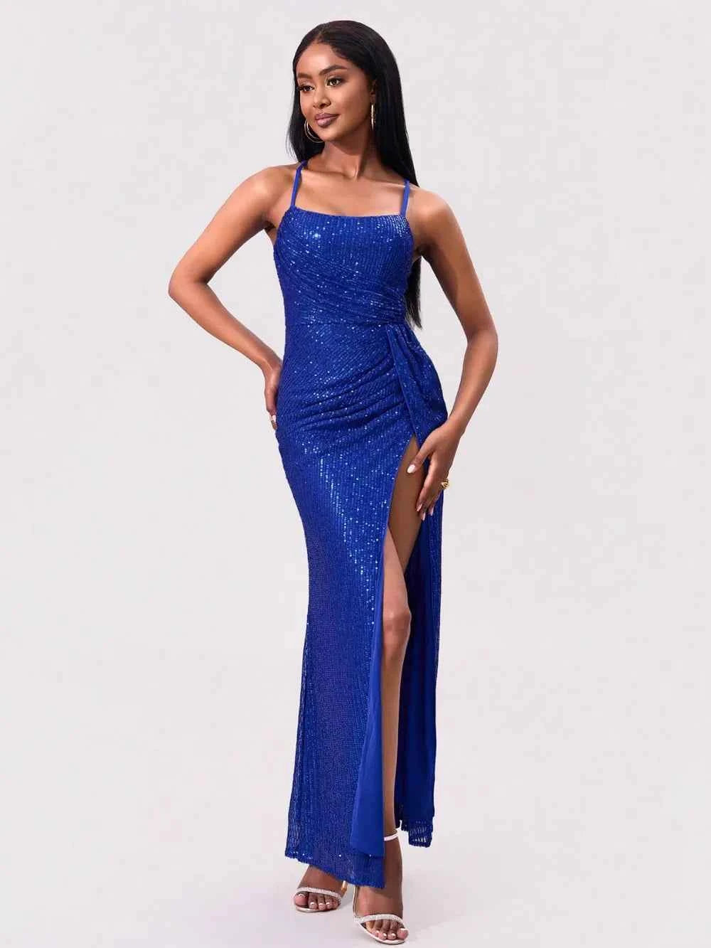 Royal Blue Sequin Maxi Dress - Square Neck Spaghetti Strap