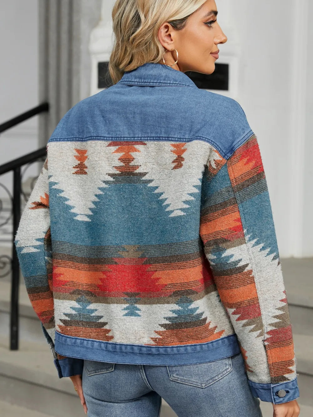 Geometric Denim Jacket - Button-Up Long Sleeve Style - Fashions Envy
