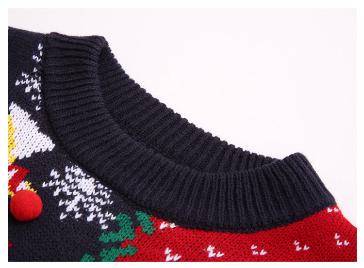 Women's navy Christmas knit sweater collar with snowflake patterns and red hem