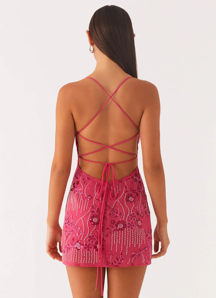 Sequined Mini Dress - Embroidered Backless Sling Party Dress