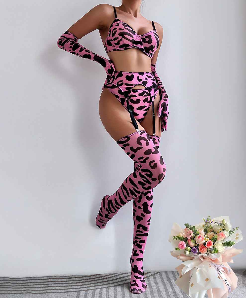 Abstract Print Mesh Five-Piece Lingerie Set - Garter and Gloves