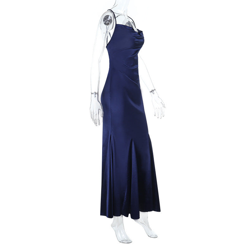 Satin Evening Dress - Backless Halter Maxi - Fashions Envy