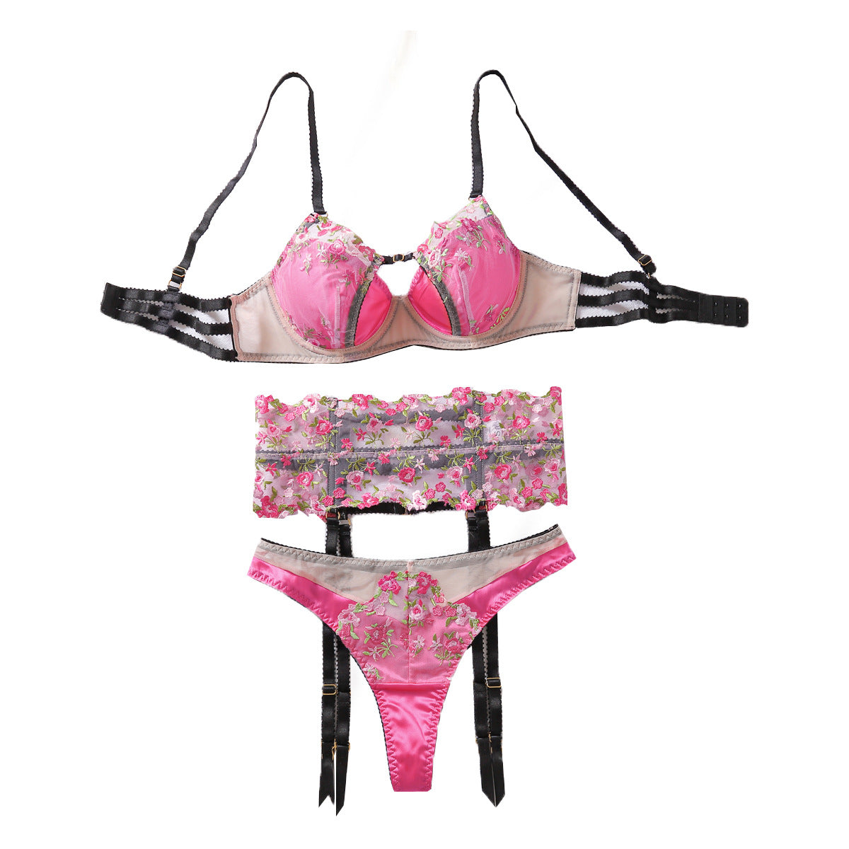 Sexy Mesh Perspective Embroidery Flower Gathering Fun Underwear Underwear 3-Piece Set