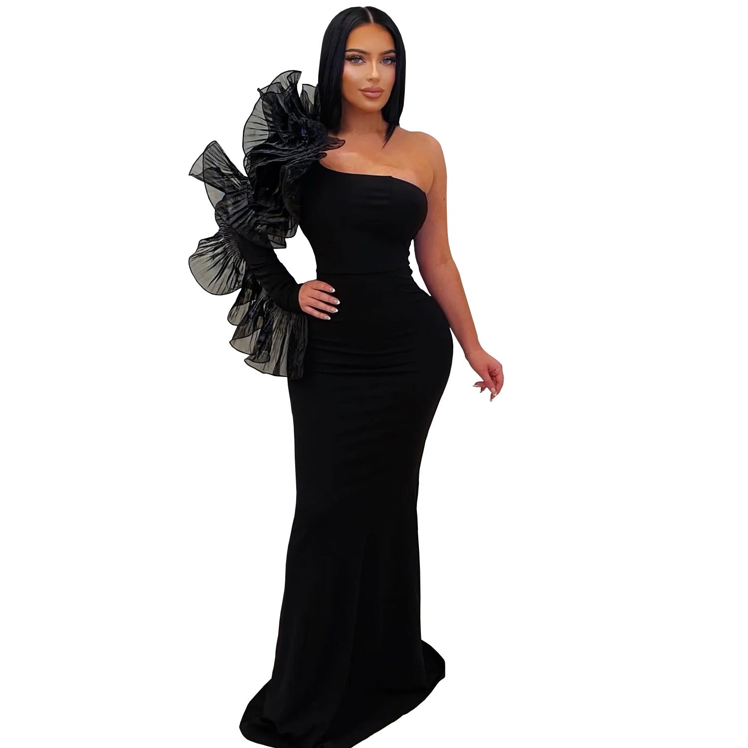 Single Ruffle Sleeve Fitted Dress - Elegant Fashion Gown