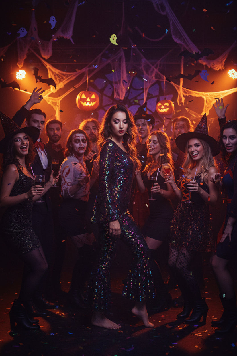 Woman wearing Halloween carnival disco note jumpsuit in black with multicolor icons, flared legs