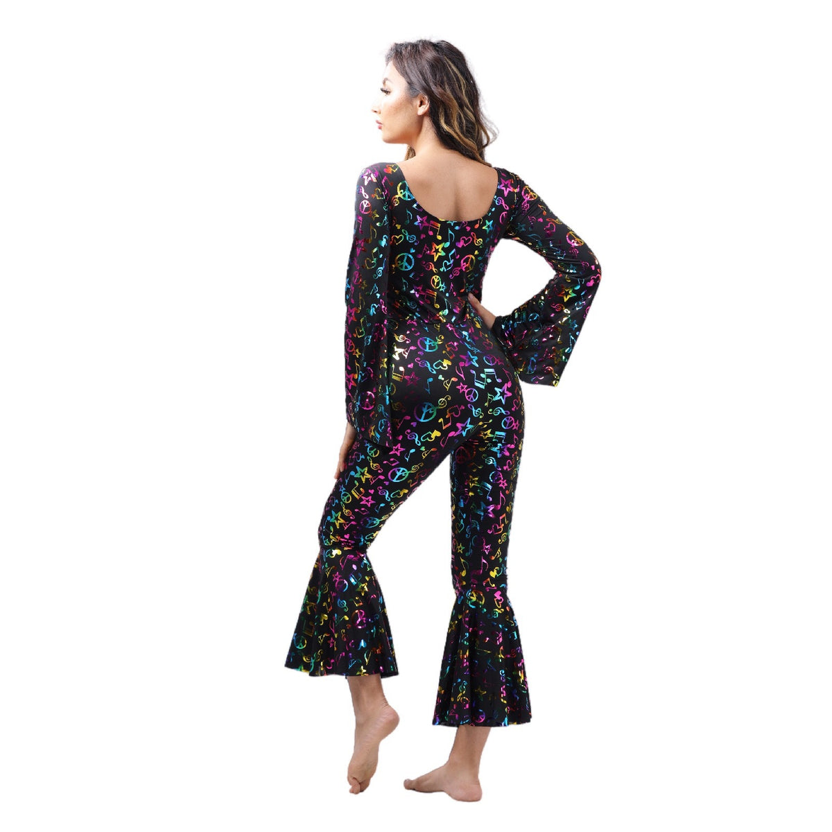 Side view of Halloween carnival disco note jumpsuit, black with multicolor icons, bell sleeves