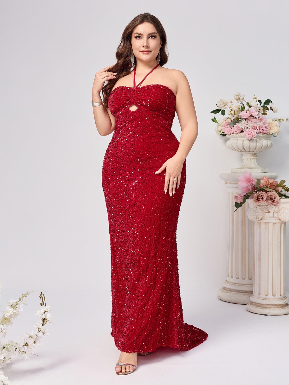 Red Sequin Plus Size Gown - Halter Slit Evening Dress