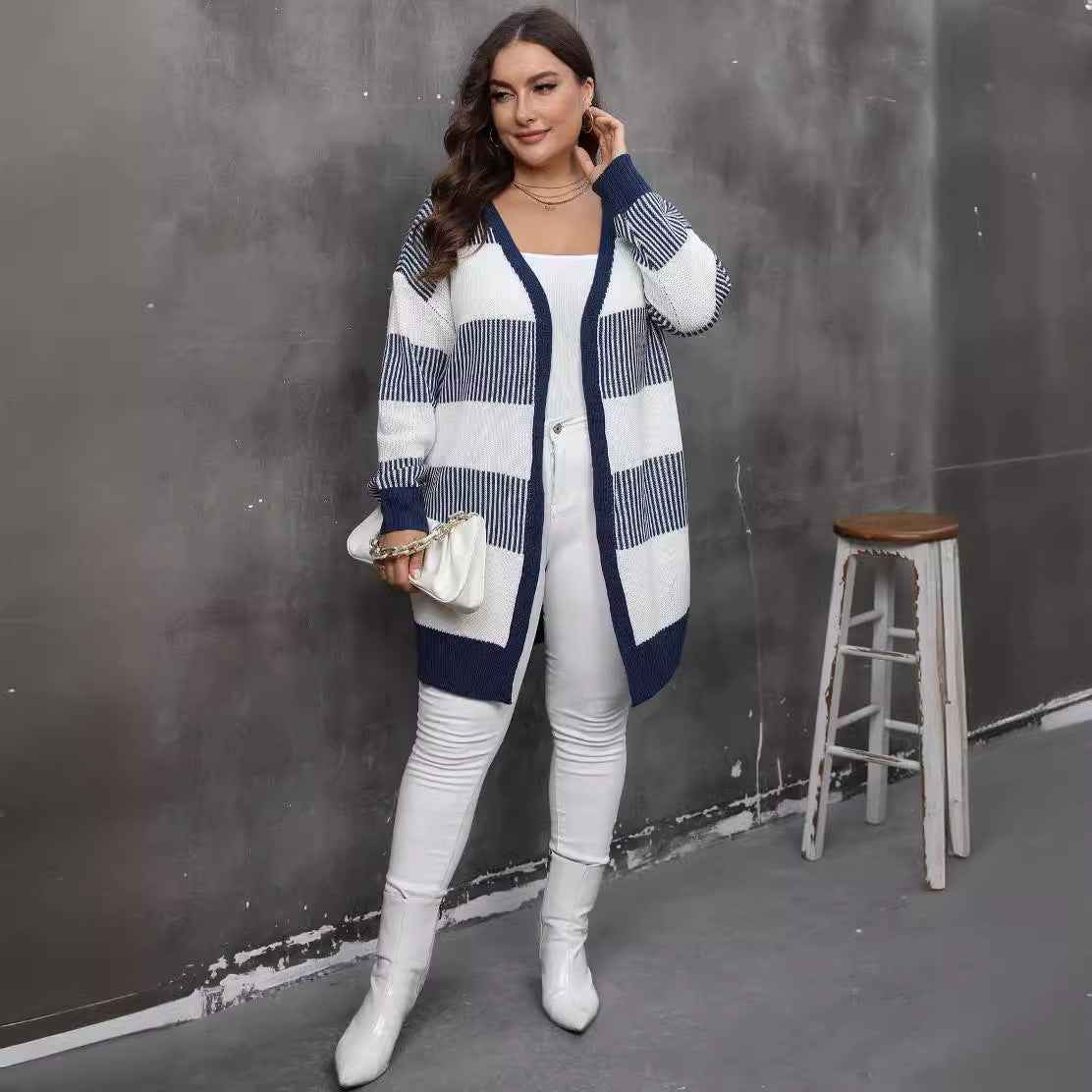 Plus Size Striped Cardigan - Open Front and Long Sleeves