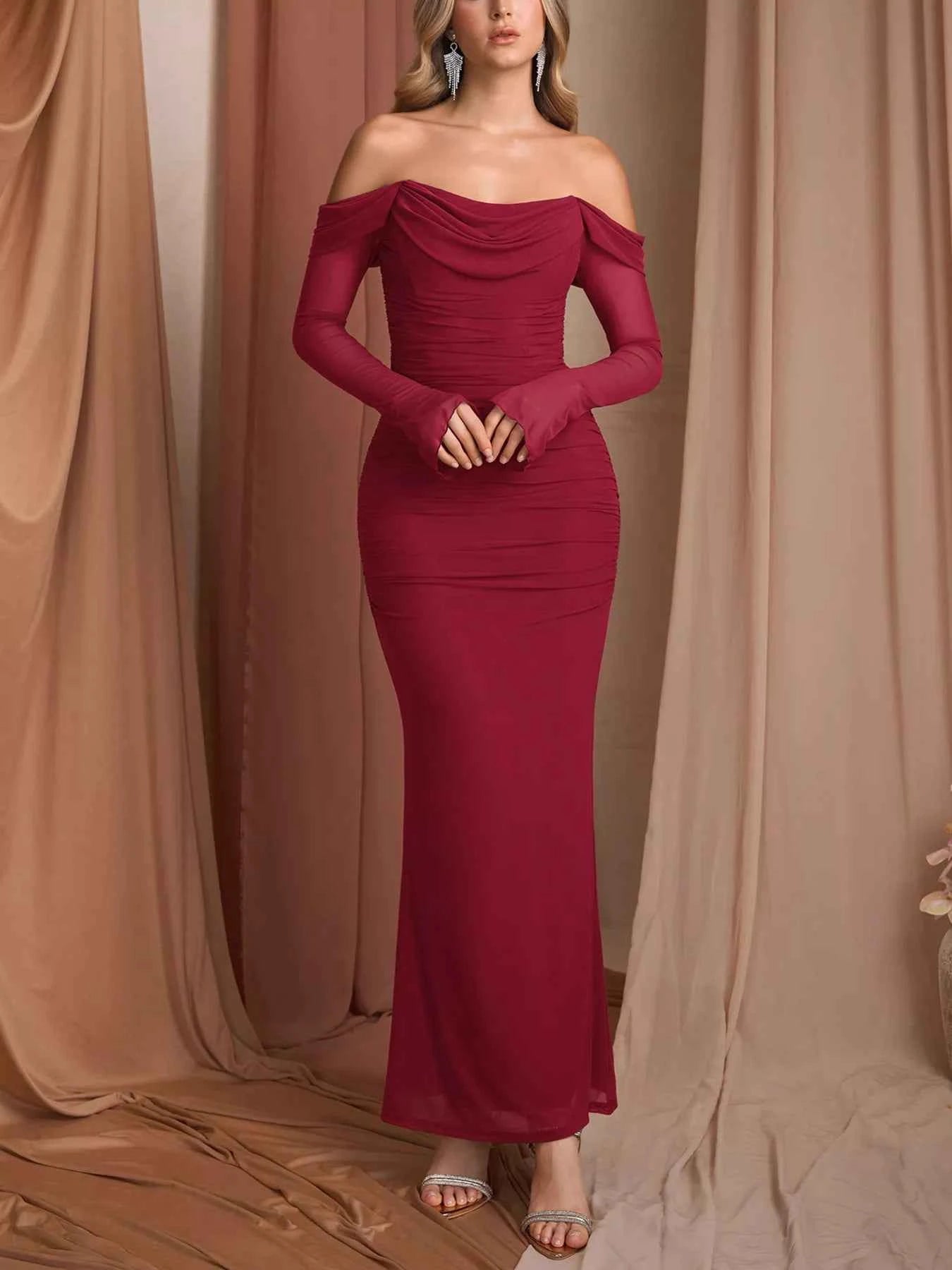 Off-Shoulder Ruched Mermaid Maxi Dress