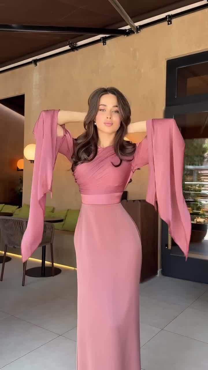 Long Sleeve Maxi Dress - Draped Bodice and Split Sleeves