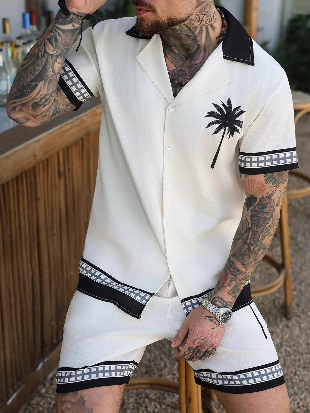 Men's Palm Tree Print Set - Button Shirt & Drawstring Shorts