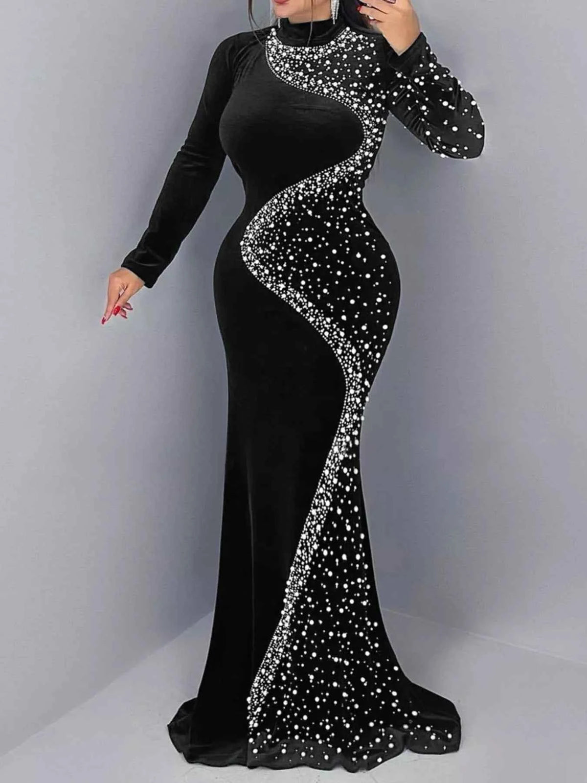 Velvet Rhinestone Mermaid Gown - Black Burgundy S-Curve Long Sleeve Formal