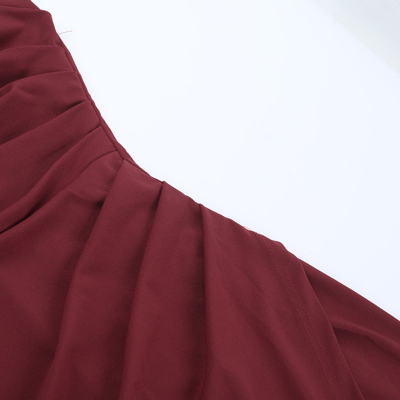 Wine slit maxi dress with pleated waist detail and halter-neck strap