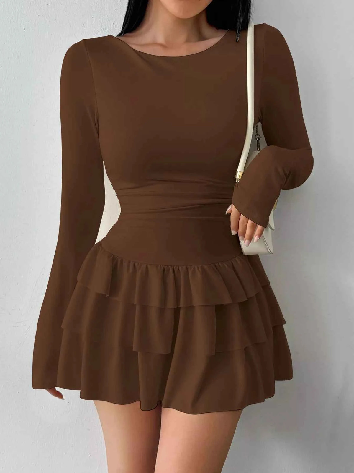 Tiered Ruffle Mini Dress - Ruched Waist & Long Sleeves