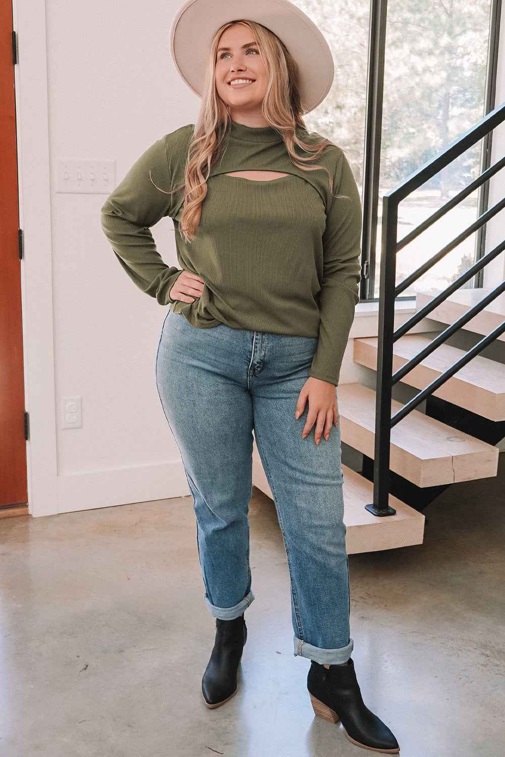 Olive Ribbed Plus Size Top - Mock Neck Cutout Detail
