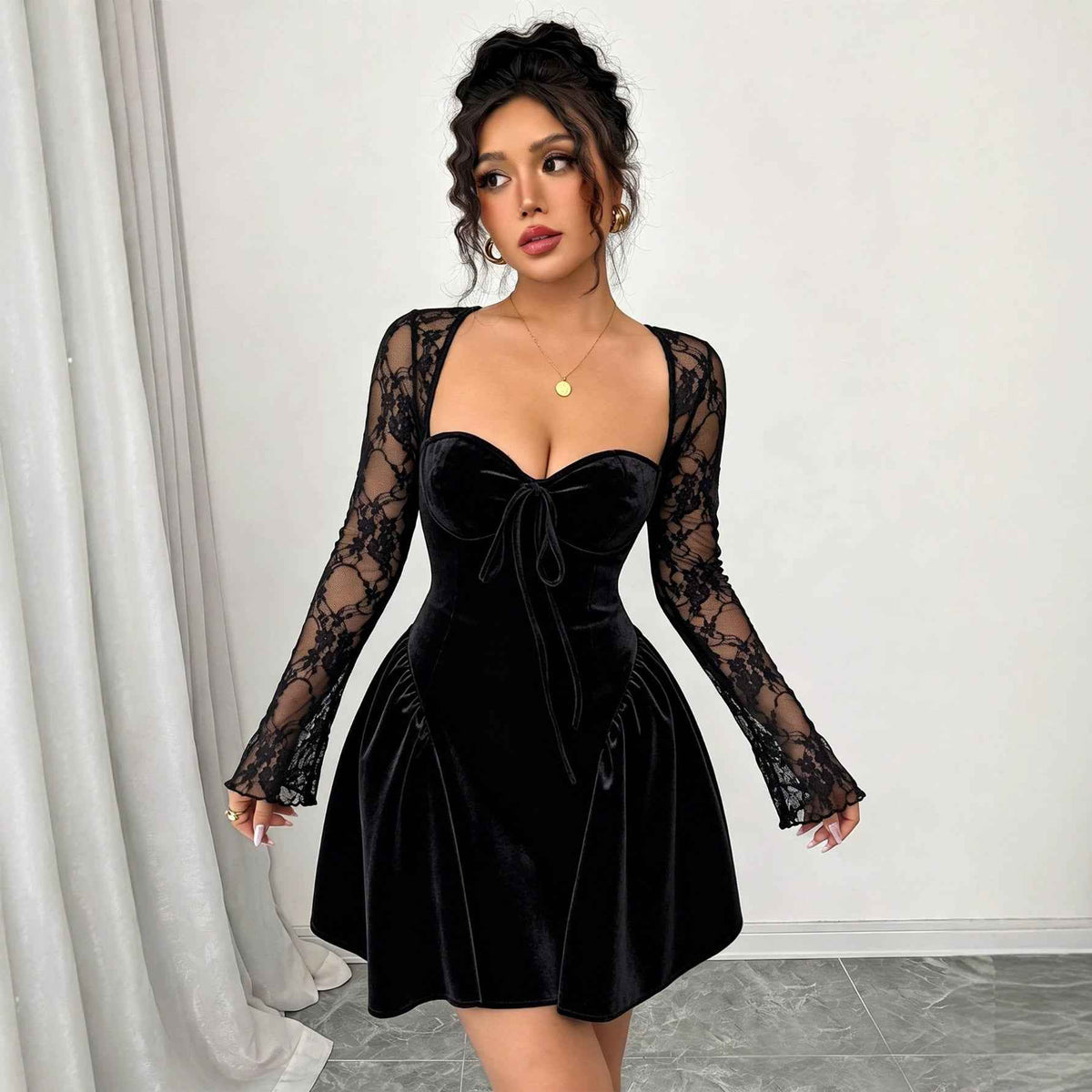 Black Velvet Mini Dress - Sheer Floral Lace Sleeves