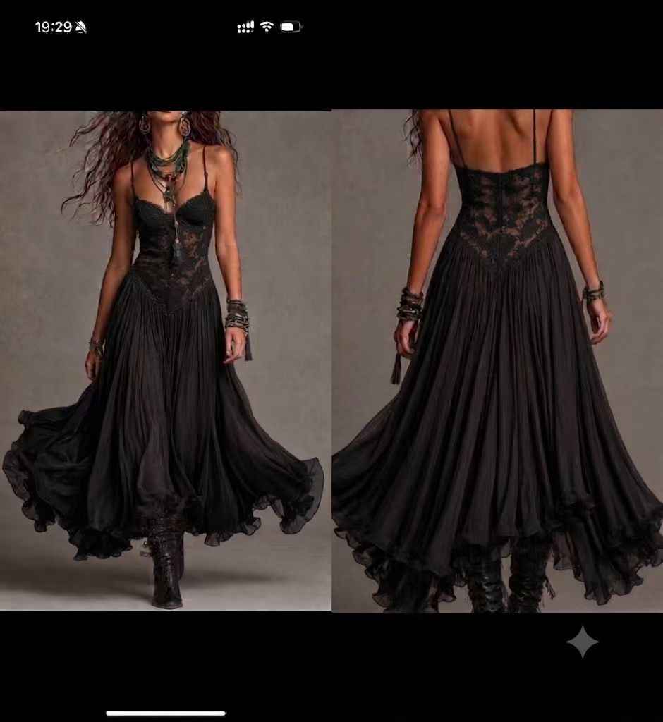 Lace Bodice Flowing Maxi Dress - Thin Straps and Layered Hem