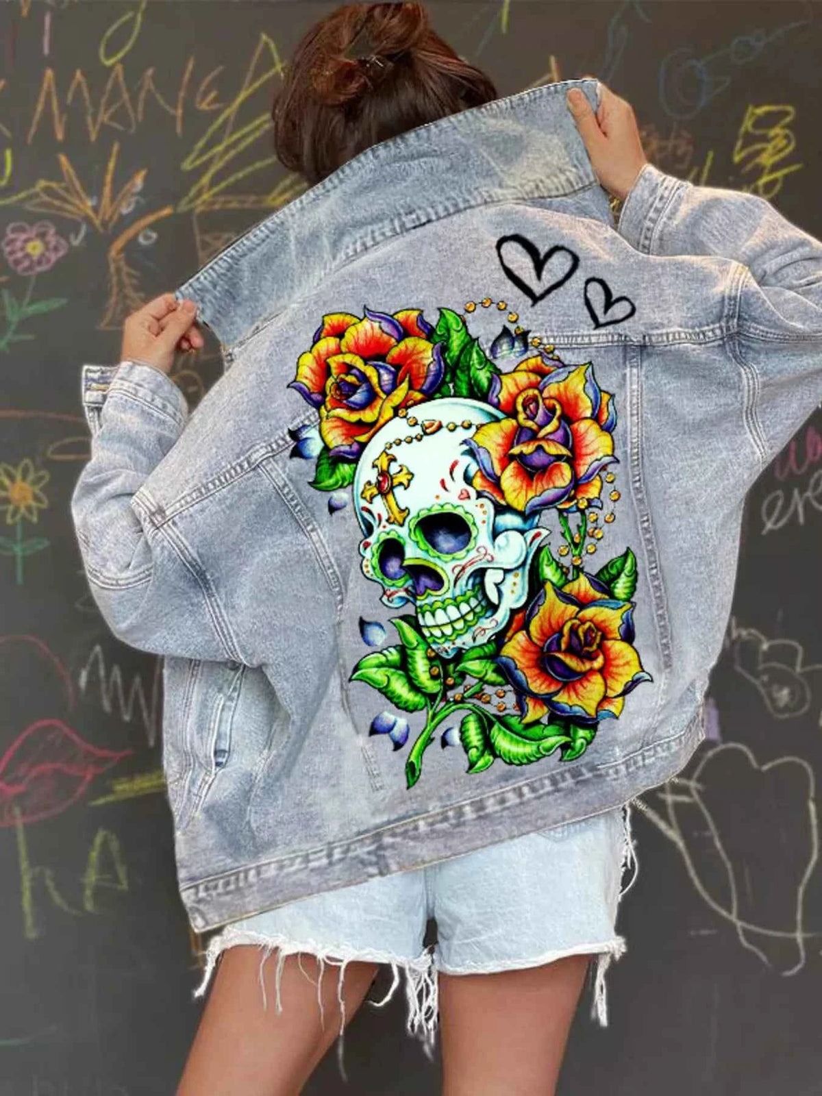 Skull Rose Graphic Denim Jacket - Button Up Light Wash