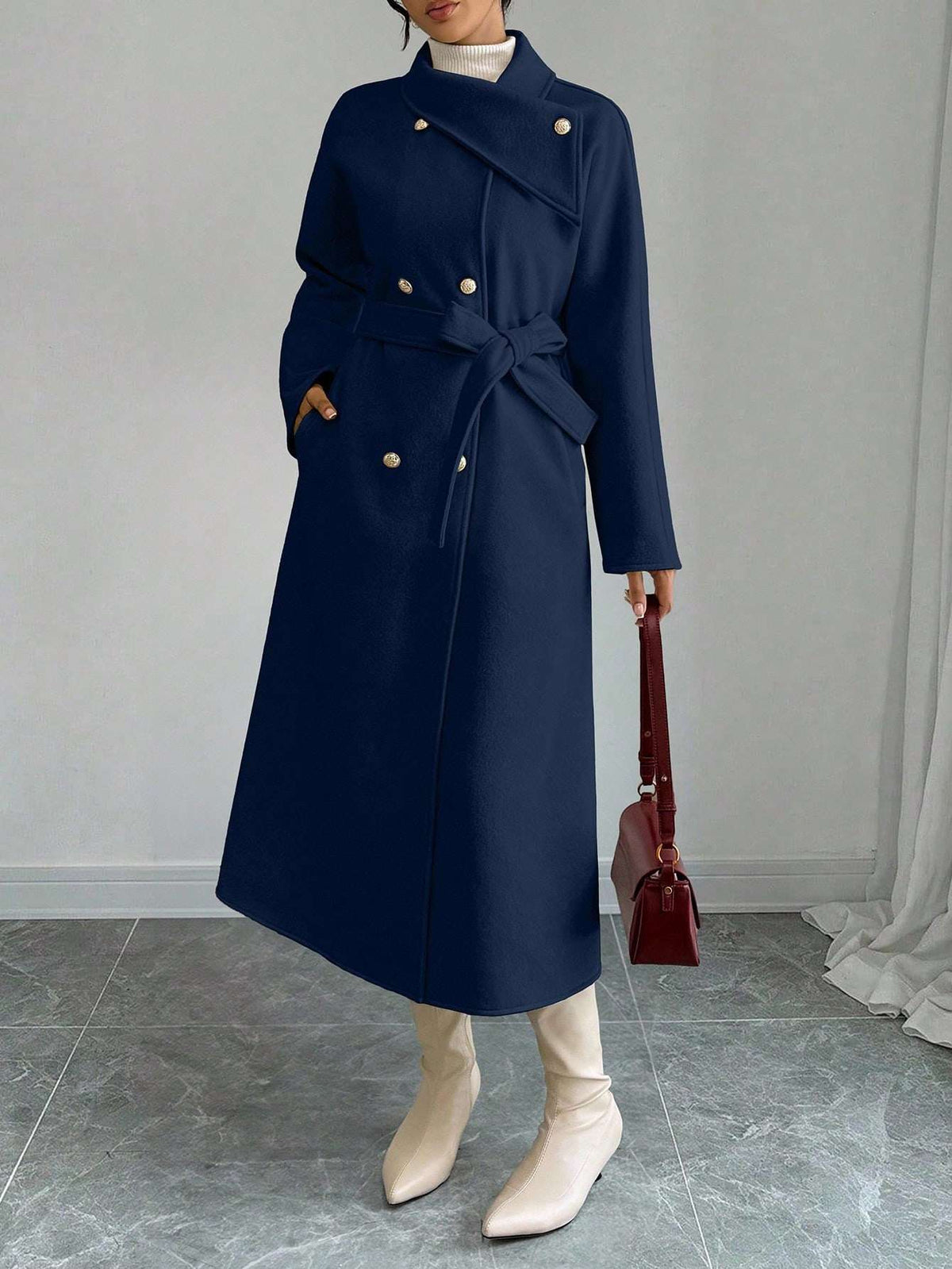 Double-Breasted Long Coat - Waist Tie & Wide Lapels