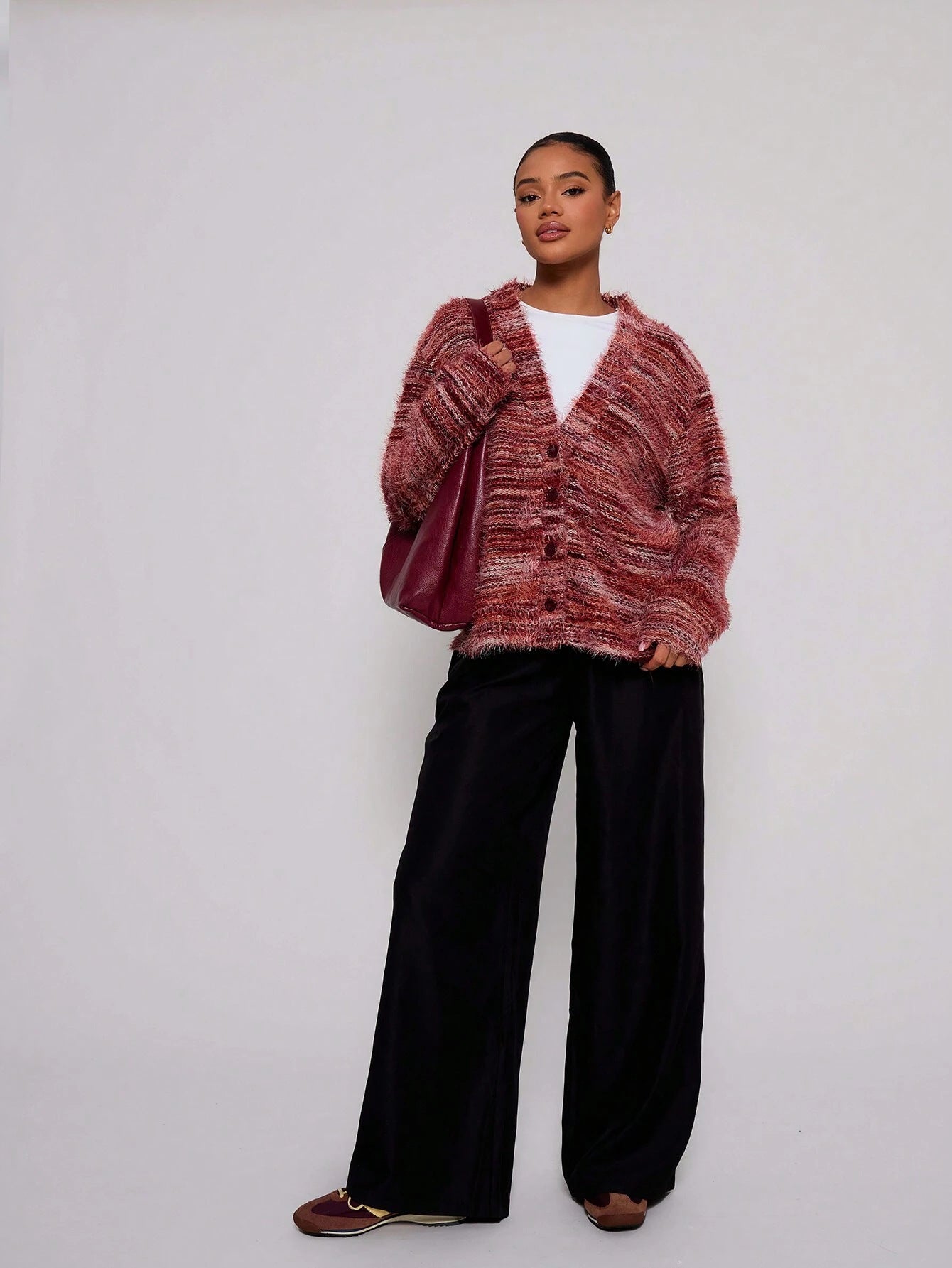 Melange Fleece Long Sleeve Cardigan - Vintage Deep V-Neck