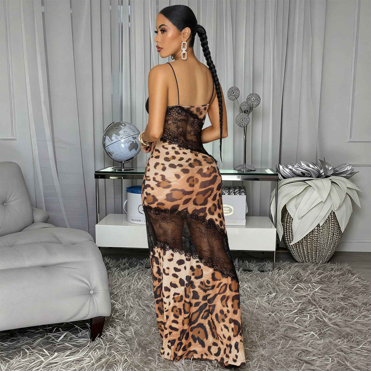 Leopard Print Lace Maxi Dress - Sheer Panels and Cami Straps